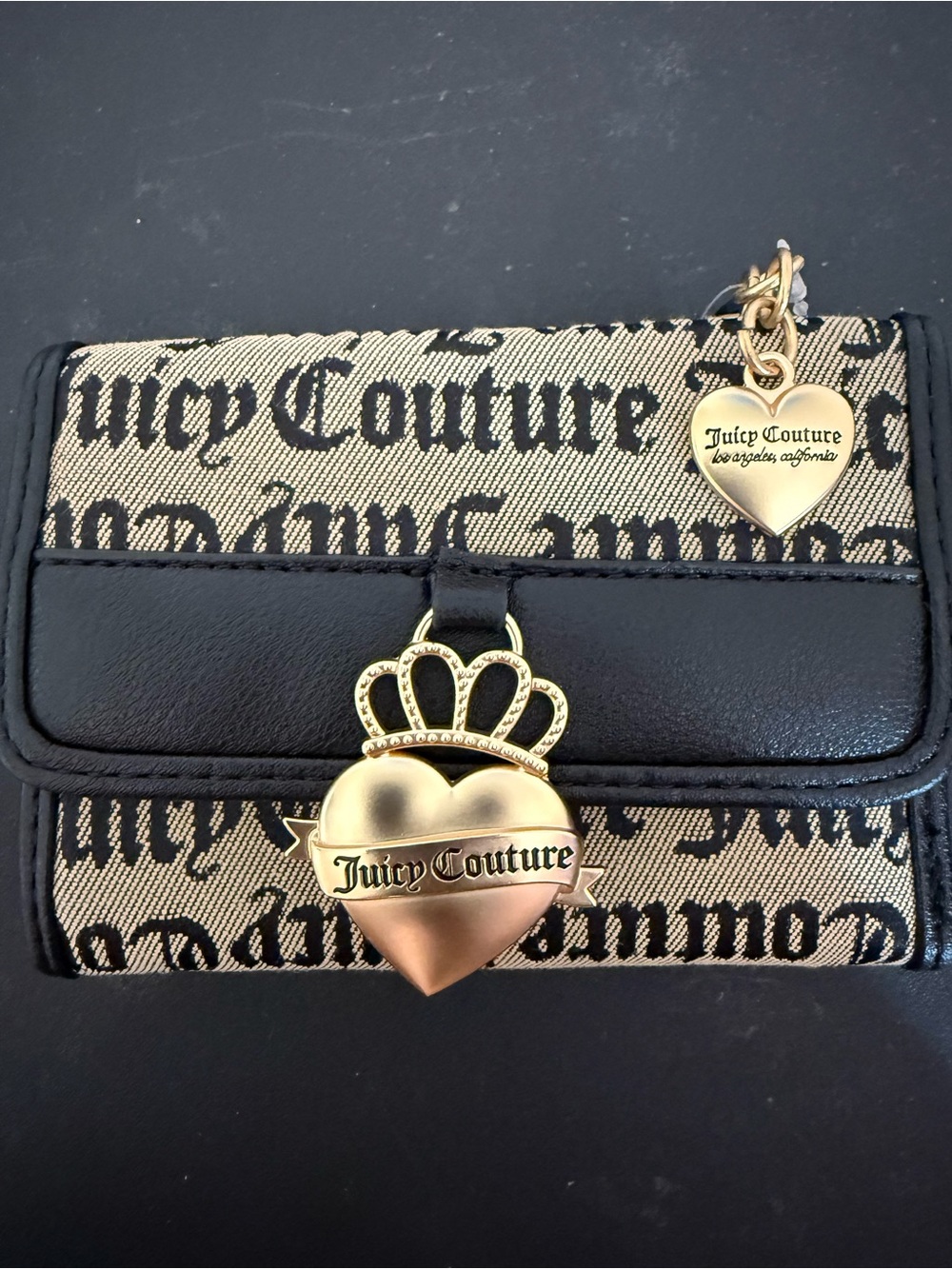 New Juicy Couture Wallet Y2K Monogram Crown Heart Gold Accents W/Gold Pendant